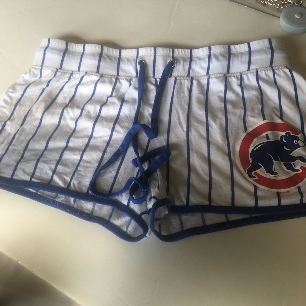 White & Royal Blue Pinstripe Baseball Shorts with Cubs Logo